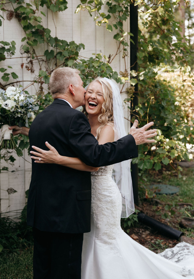 Bride hugging father on wedding day